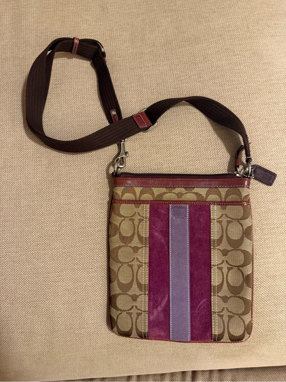 Coach Men's Signature Messenger Bag in Brown with Purple Stripes